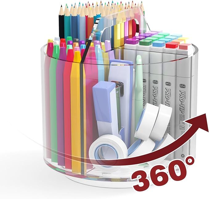 Pencil Holder for Kids, 360 Rotating Pen Holder for Desk Organizer and Storage, 4 Compartments Art Supply Marker Organizer, Acrylic Kids Desk Organizer for School Lazy Susan Organizer by Absonic