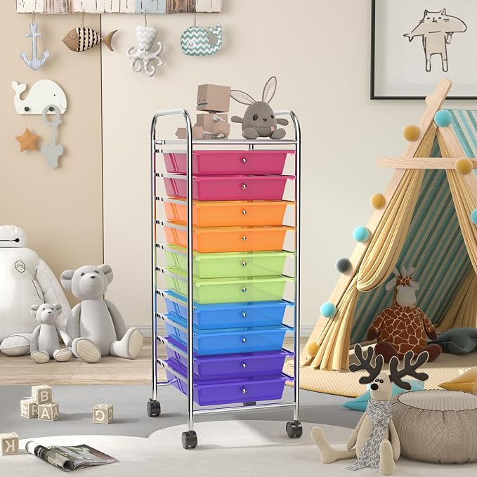 Storage Cart, Rolling Utility Cart with 10 Drawers, Portable Handles & Lockable Wheels, Mobile Paper Toys Storage Organizer Large Capacity for Home Office School Teacher (Rainbow) - Image 8