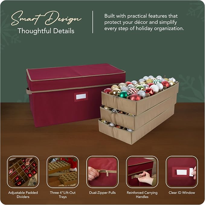 Covermates Keepsakes Adjustable Ornament Storage Box – Heavy-Duty Polyester, Padded Dividers & FlexGrid Trays – Protective Holiday Organizer with Stackable Walls & Label Window, Red - Image 4