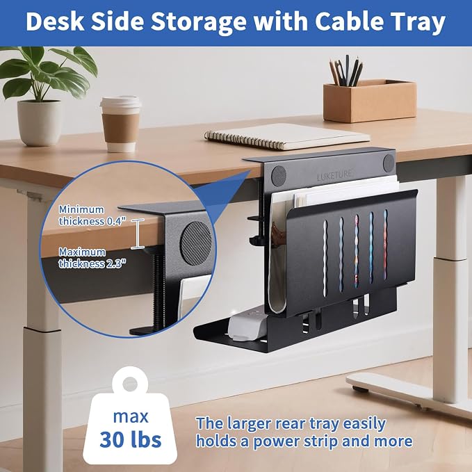 LUKETURE Desk Side Storage, Under Desk Laptop Mount with Cable Tray | 2-in-1 Steel laptop mount clamps to desk side, no drilling. Built-in cable tray hides cords. Holds 30 lbs, Office and Home - Image 2