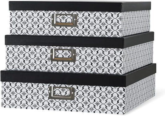 Soul & Lane - Black and White Jumbo Scrapbook Storage Boxes, Set of 3 | Large Decorative Document Box Set with Lids for Organizing Keepsakes and Memories, Wide Cardboard Photo Organizers by SoulLane
