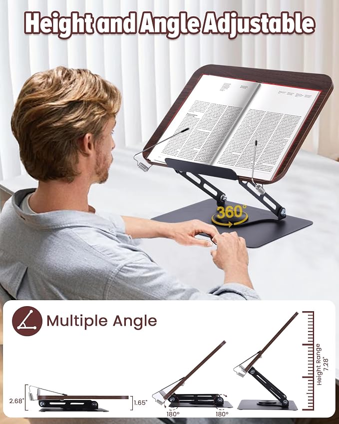 ASIEIT Book Stand for Reading, Adjustable Book Holder with 360° Rotating Bases & Elastic Page Clips, Foldable Bible Stand, Portable Reading Stand for Bible, Recipe, Magazine, Tablets, Laptops, Brown - Image 4