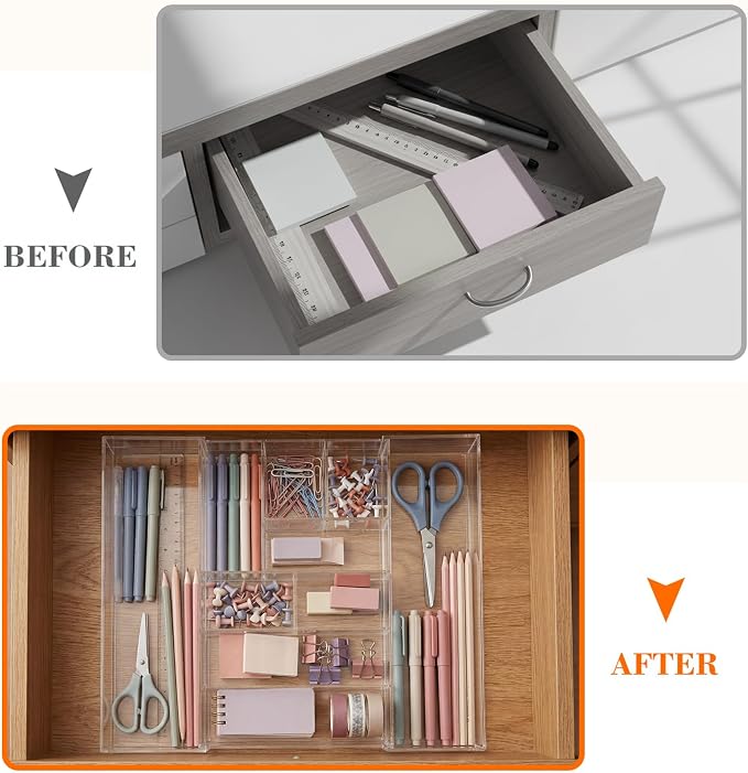 Briwooody Clear Acrylic Drawer Organizer Expandable,9 Compartments,Large | 9'' up to 18'' x 12'' x 2.1'' Desk Drawer Organizer Trays Adjustable with Desk Accessories for Makeup Office Bathroom - Image 5