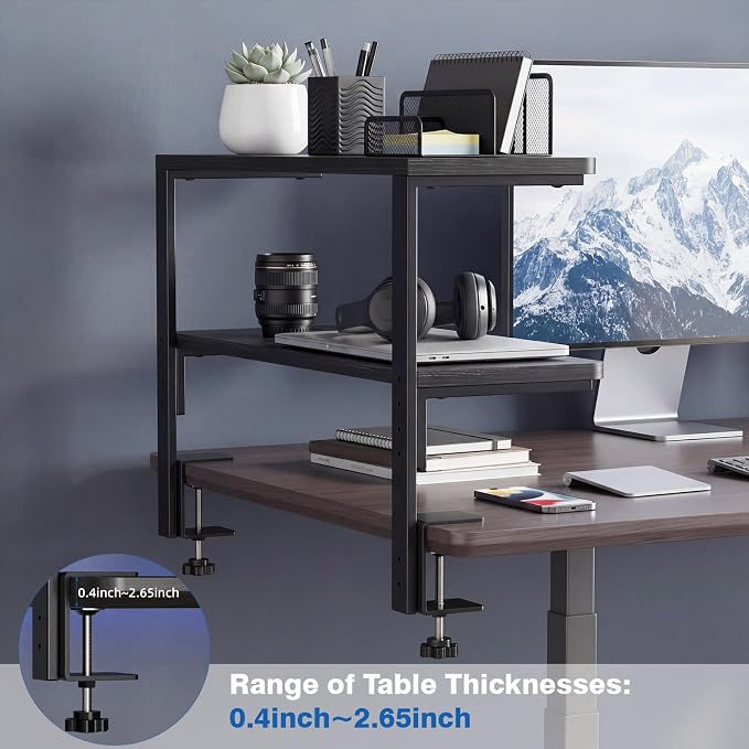2-Tier Desk Extender, 22-inch Clamp-On Desk Shelf, Height-Adjustable Desktop Shelf Organizer for Monitors Office and Gaming Accessories, Arm Support Table Extension, Black - Image 8