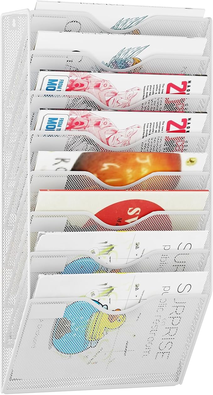 8 Pockets Mesh Hanging Wall File Holder Organizer Wall Mounted Paper Magazine Rack, White by GDINDINFAN