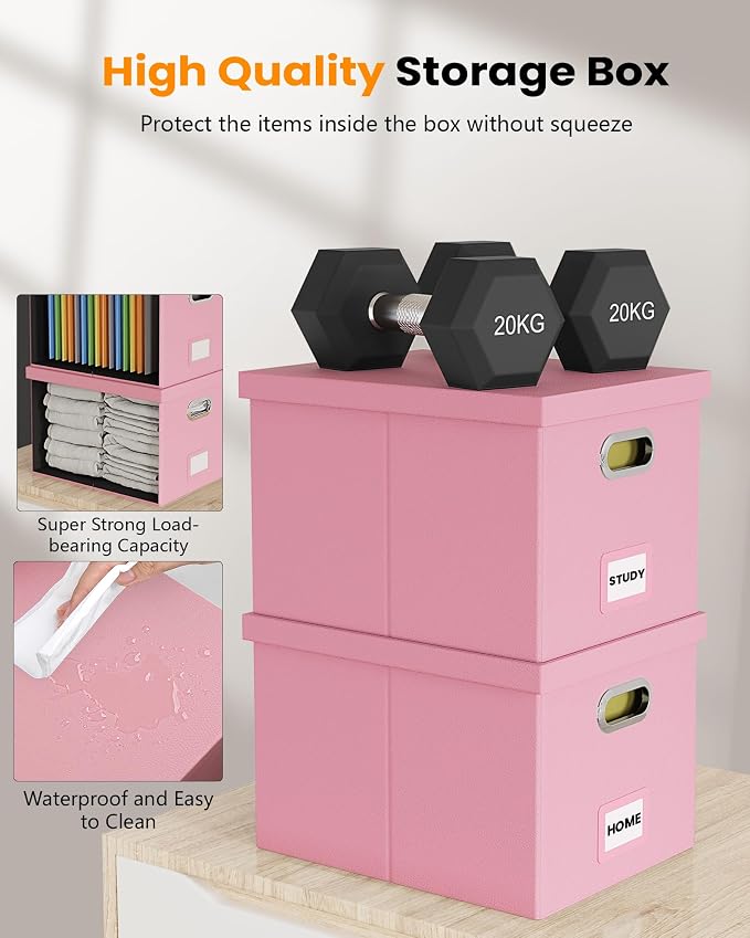 File Organizer Box,Filing Box with Lid,File Box for Letter/Legal File Folder Storage, Portable Hanging File Box for Office/Decor/Home,1 Pack, Pink(Leather),Box only - Image 4