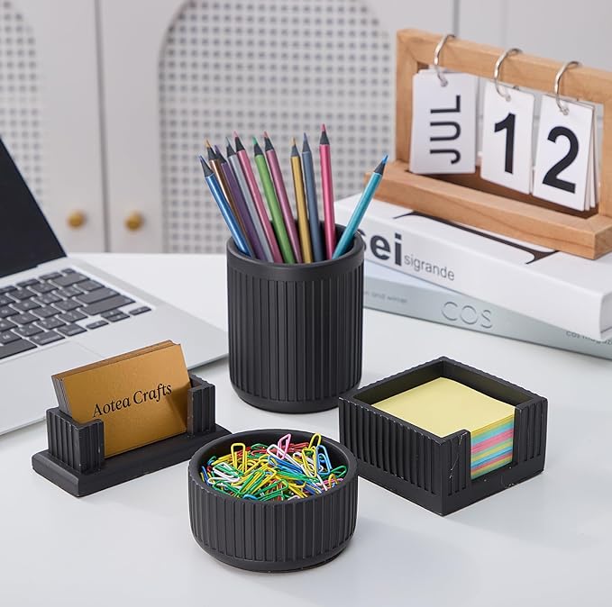 Set of 4 - Concrete Desk Accessories For Modern, Industrial, Minimalist Office Decor- Aesthetic Desk Organizers Accessories For Women or Men- Pen, Business Card Holder & Sticky Note, Paper Clip Holder