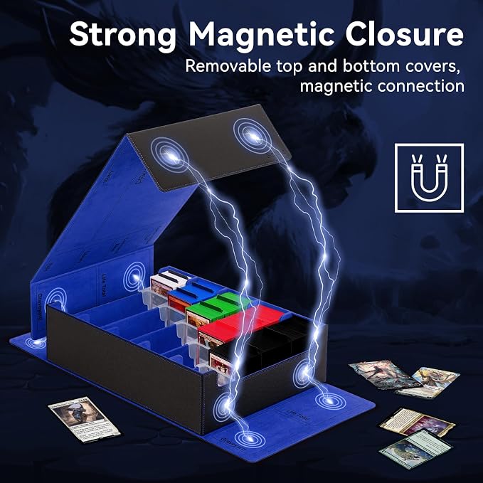 5 Row Trading Card Storage Box, 3800+Bulk Card Organizer Box with 20 Dividers & 5 Supporters, Graded Card Deck Box for YuGiOh, MTG, TCG with Double Lid Black/Blue - Image 4