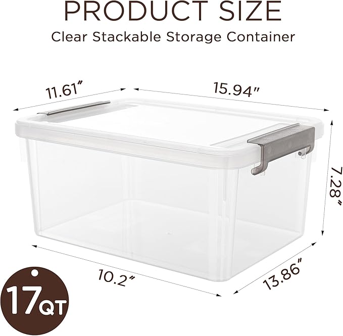 Citylife 17QT Plastic Storage Bins with Lids,5Packs Large Containers | Stackable Box with Locking Latches for Home, Office, Closet & Pantry Organization,Clear - Image 2