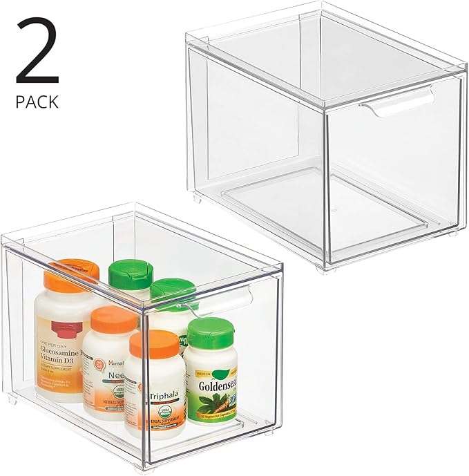mDesign Plastic Bathroom Organizer Bin w/Pull Out Drawer - Slim Stackable Storage Container for Bathroom Accessories - Perfect for Organizing Bathroom Cabinet - Lumiere Collection - 2 Pack - Clear - Image 4