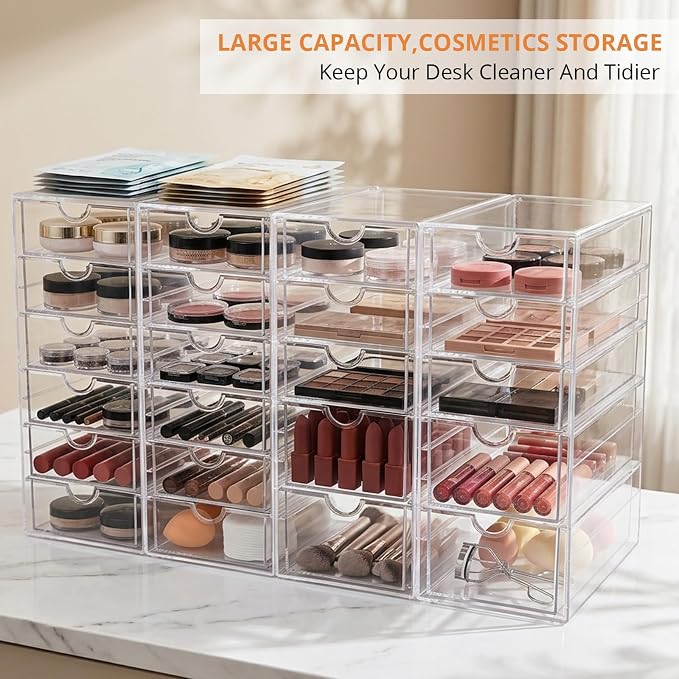 DOMNIU Acrylic Makeup Drawer Storage Organizer with 22 Drawers, 4 Set | Office Desk Organization and Storage, Dustproof Drawer Organizer for Makeup, Countertop, Jewelry, Desktop, Bathroom, Bedroom - Image 3