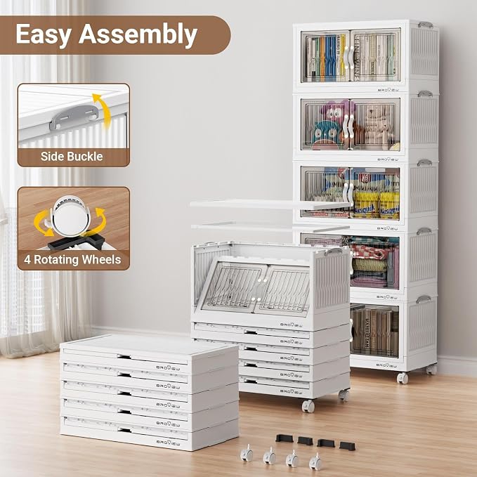 BROVIEW 300Qt Stackable Storage Bins with Lid, Extra Large Closet Organizer Collapsible Drawer Boxes with Wheels, Folding Plastic Cabinet Containers for Home Kitchen Room Organization, 5Pack White - Image 6
