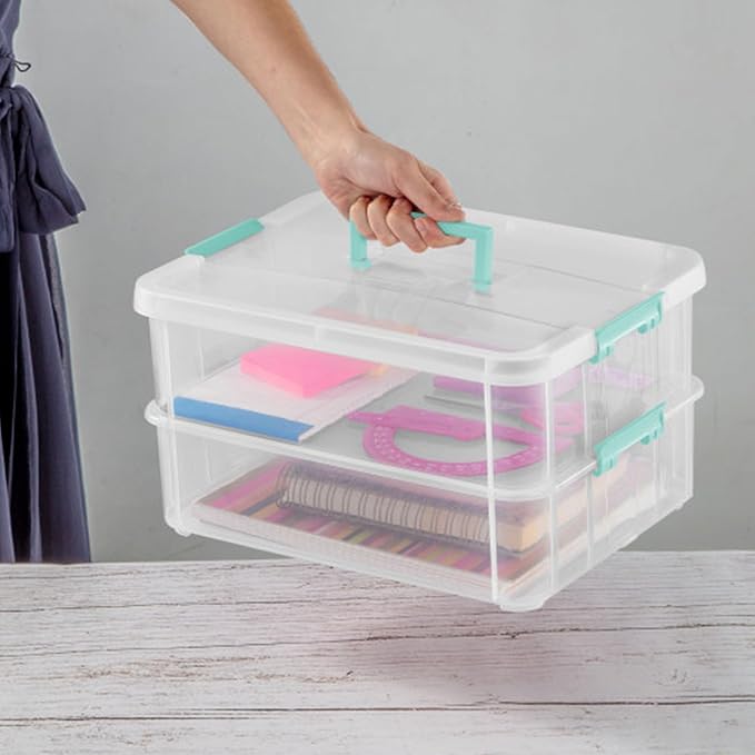 Sterilite 16-Pack Stack & Carry, 2 Layer Handle Box for Home & Office Storage - Clear Base & Lid with Color Latches, Organizer for Art & Craft Supplies, Sewing Tools or 8.5" x 11" Paper - Image 5