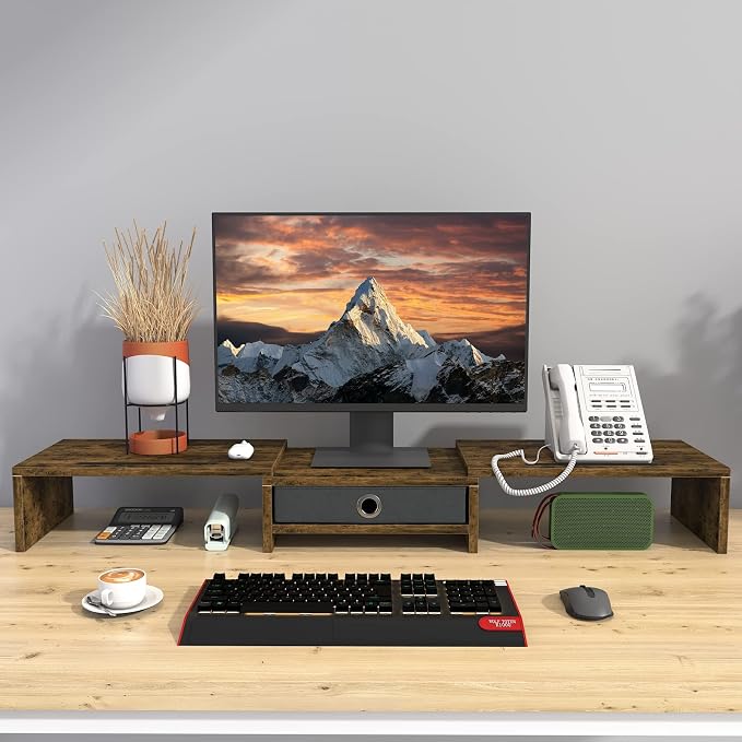 WESTREE Dual Monitor Stand Riser with Drawer, 3 Shelf Computer Monitor Riser with Adjustable Length and Angle, Desktop Monitor Stand Riser Storage Organizer for 2 Monitors - Image 4