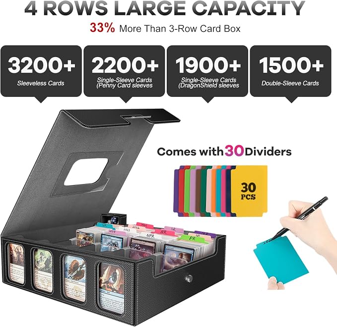 3200+ Trading Card Storage Box with Commander Display, 4 Row Card Deck Box with Portable Handle, Compatible for TCG/MTG/Magic Cards, 30 Colorful Divider, 8 Supporters, US Design Patent (Black&Grey) - Image 2