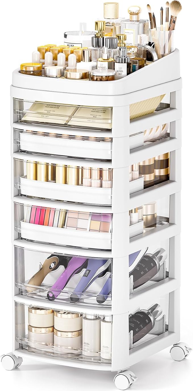 Rolling Cart with 6 Drawers, Clear Plastic Drawer Organizers, Vanity Cart | Dust Proof Under Desk Storage with Dividers for Makeup, Skincare, Art Crafts and Baby Items, Acrylic Cosmetic Organizer by APEXCHASER