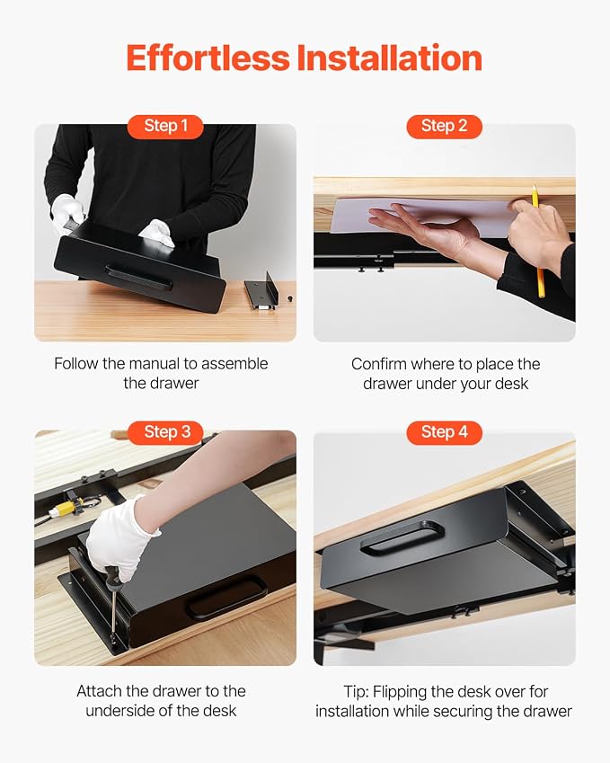 VEVOR Under Desk Drawer Slide Out, 13 inch Attachable Desk Drawer for Sit Stand Workstation, Hidden Under Counter Drawers for office Home, Black - Image 7