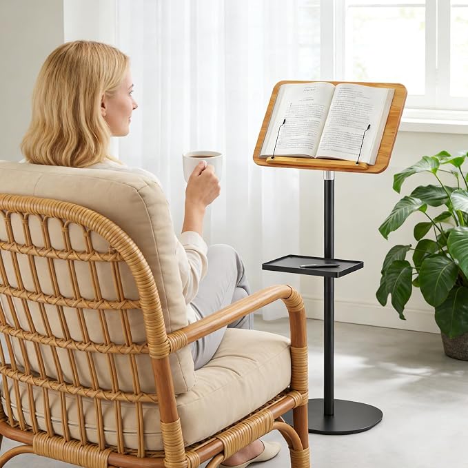 2 in 1 Adjustable Floor Book Stand & Music Stand with Removable Tray, 19.7" to 51.2" Foldable Reading Book Holder with Page Clips for Laptop, Cookbooks, Sheet Music, Wooden Podium Stand for Projector - Image 2