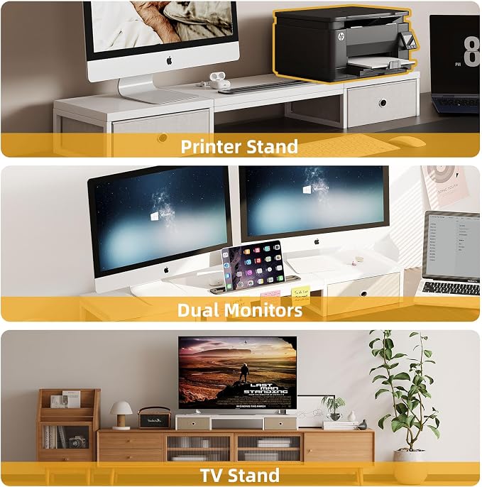 39 Inch Dual Monitor Stand Riser with 2 Drawers - Large White Wooden Computer Stand for 2 Monitors, Ergonomic Desk Organizer with Phone Holder, Desktop Storage for Laptop, Office Supplies, Home Office - Image 6