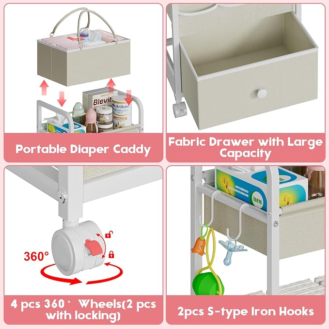 Cidaziya 2In1 Baby Diaper Caddy Organizer and Storage, 3 Tier Rolling Cart with Drawer, Detachable Dividers, Mobile Utility Cart Baby Dresser Clothes Organizer for Baby Essentials, Bedroom, Nursery - Image 8