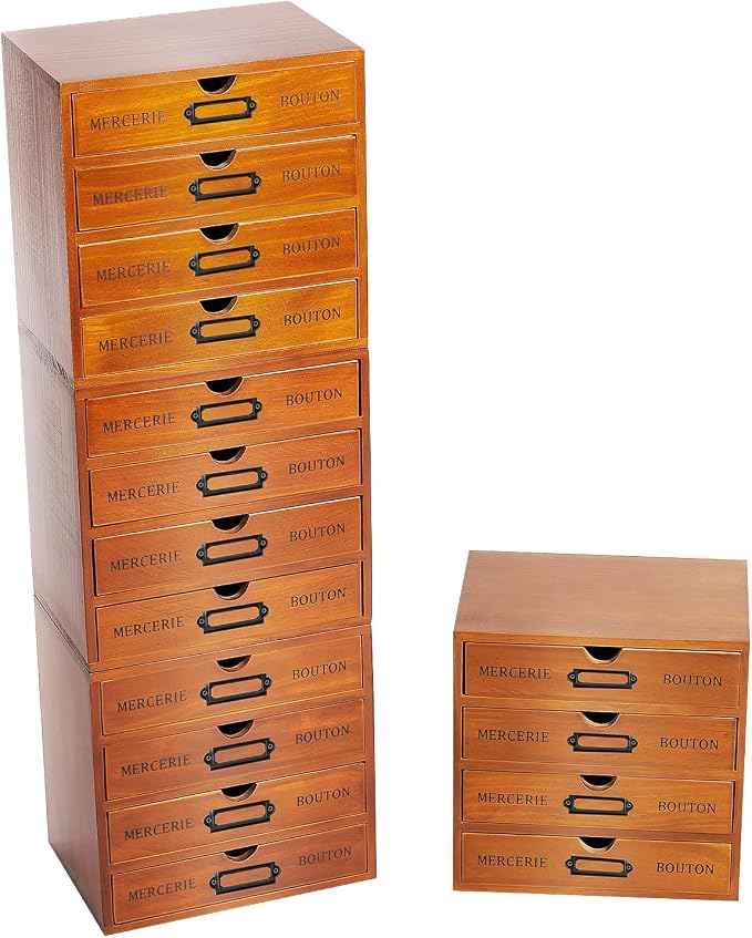 Vintage 16-Drawer Wooden Desk Organizer, 4Pcs 4-Slot Filing Cabinet, Stackable Craft Storage Drawers, Rustic Tool Box, Multilevel Apothecary Cabinet, Ideal Home Office Organizers and Accessories - Image 9