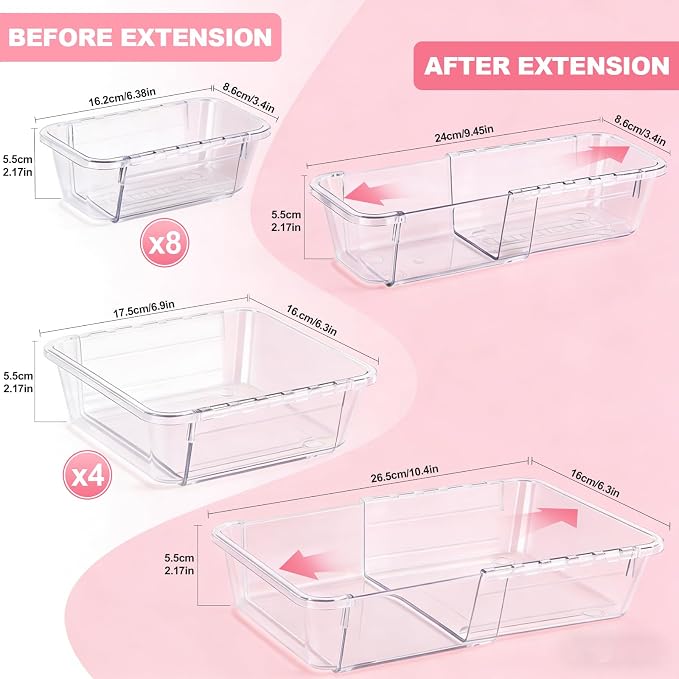 autumndeer 12 Pack Drawer Organiser Set, Adjustable Makeup Drawer Organizer, 2-Size Stackable Clear Plastic Storage Organizer Bins, Drawer Dividers Set for Vanity, Bathroom, Desk, Office, Bedroom - Image 3