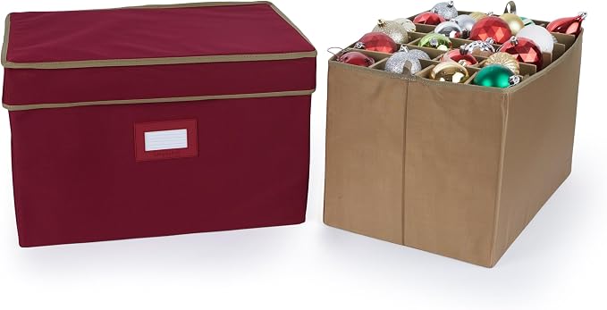 Covermates Keepsakes Adjustable Ornament Storage Box – Heavy-Duty Polyester, Padded Dividers & FlexGrid Trays – Protective Holiday Organizer with Stackable Walls & Label Window, Red by Covermates
