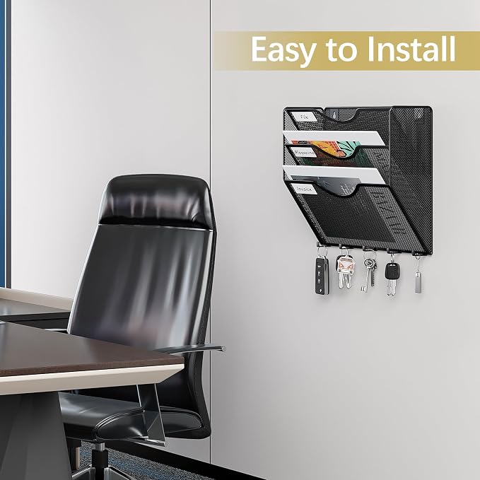 EasyPAG 3 Pocket Mesh Wall File Organizer with Key Hooks, Hanging Paper Folder Holder with Classify Label, Vertical Wall Mount Mail Organizer for Office Home Classroom, Black - Image 5