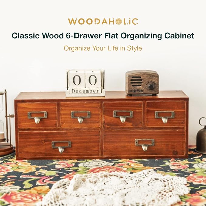 6-Drawer Vintage Desk Organizer Classic Brown Wood Storage Drawers for Tabletop - Slim Retro Style Desktop Organizing Cabinet with 6 Drawers - Office Study Table Wood Storage Box Organizer, 1-pack - Image 5