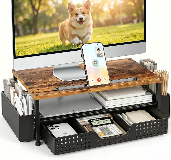Desk Organizer and Accessories, 2-Tier Computer Monitor Stand Rise with Phone Holder, Drawer & 2 Pen Holders, Laptop & Printer Stand for Desktop, Workspace Organizers for Office Supplies (Brown Wood) by ECOLOVI