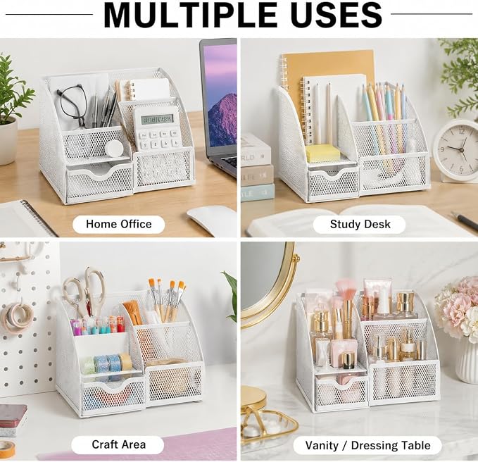 Exerz Desk Organizer 7 Compartments Metal Mesh Pen Holder Caddy White | Compact White Desktop Storage for Notes Clips Scissors Rulers Craft Tools Makeup Study and Home Use - Image 5