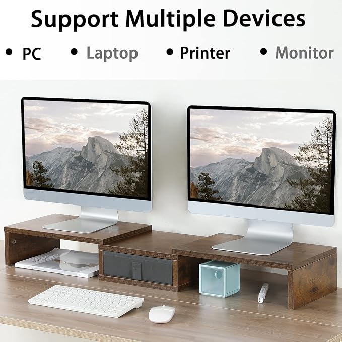 TEAMIX 3 Shelf Monitor Stand Riser With Drawer - Length and Angle Adjustable Dual Riser With Storage Corner Desk Shelf Organizer Large Computer Stand for 2 Monitors/Laptop (Brown, 1 Drawer) - Image 2