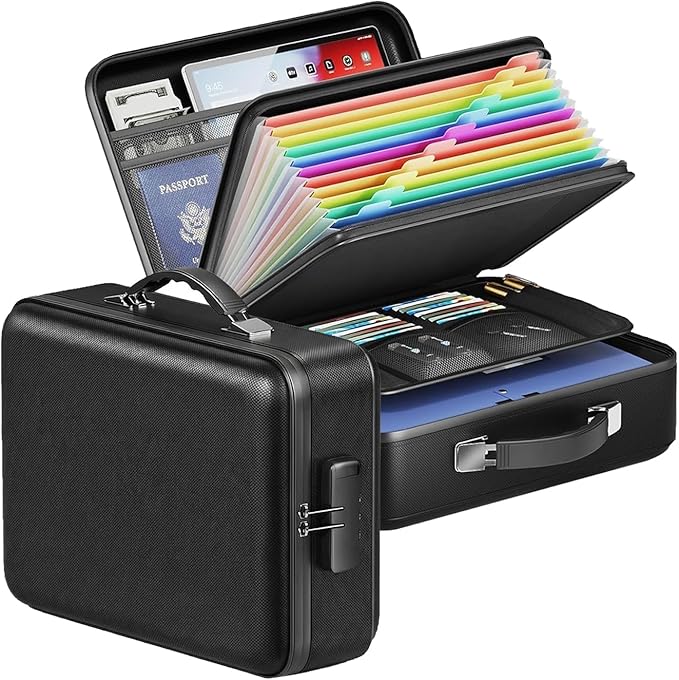 novelinks Fireproof Document Box with Lock, Hard-Shell Portable Waterproof File Box, Travel Accordion File Folder, Home Office Safe File Organizer for Important Documents, Laptop, Passports, Black by novelinks