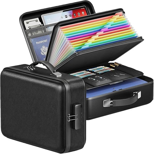 novelinks Fireproof Document Box with Lock, Hard-Shell Portable Waterproof File Box, Travel Accordion File Folder, Home Office Safe File Organizer for Important Documents, Laptop, Passports, Black by novelinks