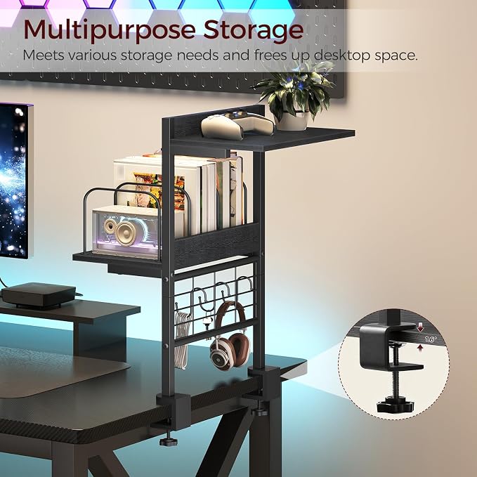 MAHANCRIS Clamp on Desk Shelf, 2 Tier Desk Storage Organizer, Desktop Bookshelf with Hooks and Divider, Desk Accessories for Study and Gaming Room, Black DSBK4501 - Image 3