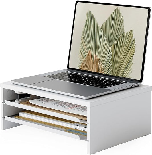 Fenge 14.3-Inch Monitor Stand with Slide-Out Trays, Wood & Metal Desk Shelf | 3-Tier Space-Saving Desk Storage Organizer, Fits Computer, Laptop, Printer and Telephone by Fenge