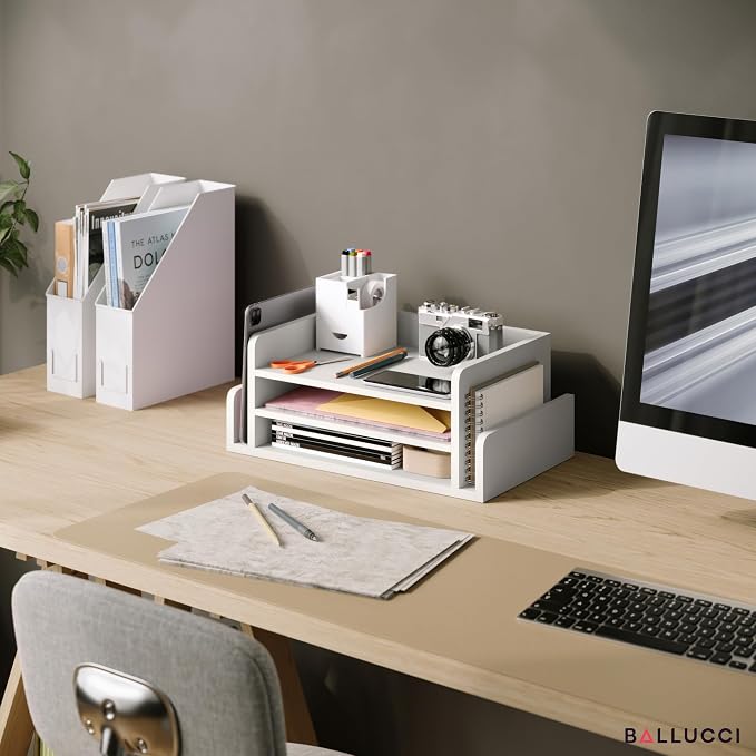 Ballucci 3-Tier Desk Organizer with 2 Side Mail Sorter Slots, Wood Letter Tray, Open Top Paper Organizer, Desktop File Organizer, White - Image 2