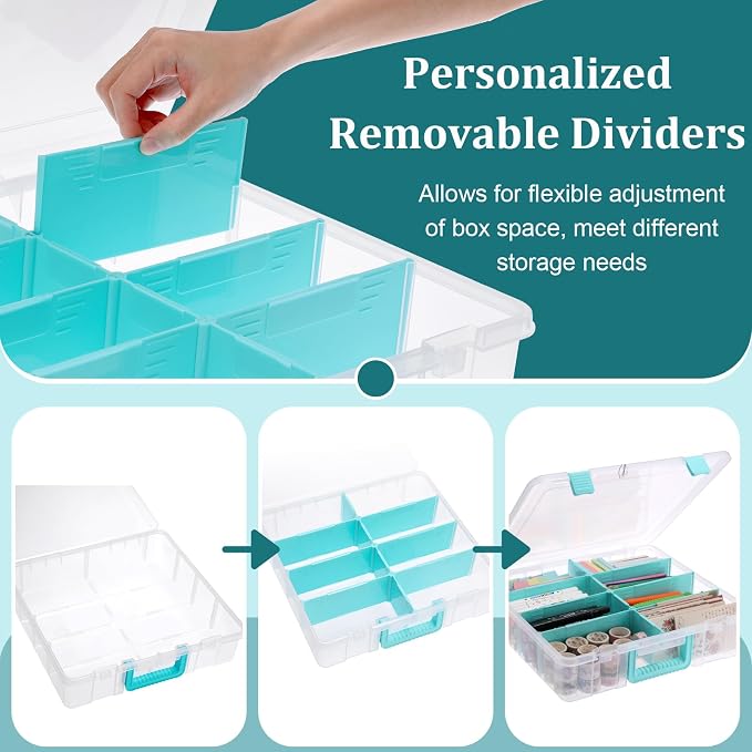 BTSKY Clear Plastic Dividing Storage Box with 8 Compartments Adjustable Storage Bin with Lid Portable Craft Storage Container Multipurpose Sewing Box Art Supply Organizer, 15.1x13.9x3.5 Inches | 15.1x13.9x3.5 Inches Adjustable Storage Bin with Lid Port... - Image 4