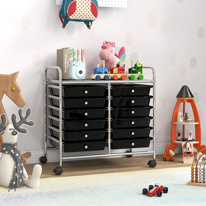 GOFLAME 12-Drawer Rolling Storage Cart, Multifunctional Art Craft Organizer Cart, Mobile Utility Storage Cart with Removable Drawers & Lockable Wheels, Craft Cart for Home Office School, Black - Image 9