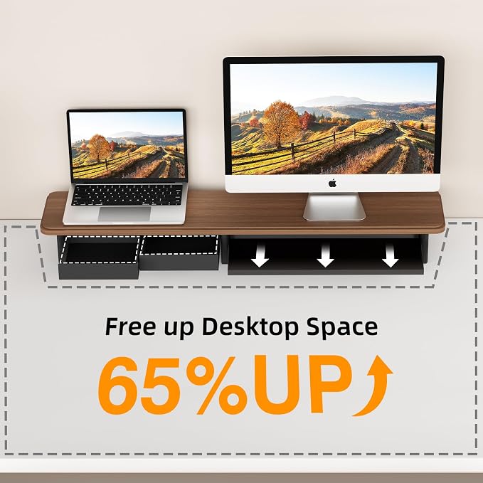 AFOOYO Large Dual Monitor Stand For Desk,43 Inch Desktop Computer Riser with Metal Drawer Desk Shelf Organizer For Computer/Laptop/PC/Printer/TV - Image 3