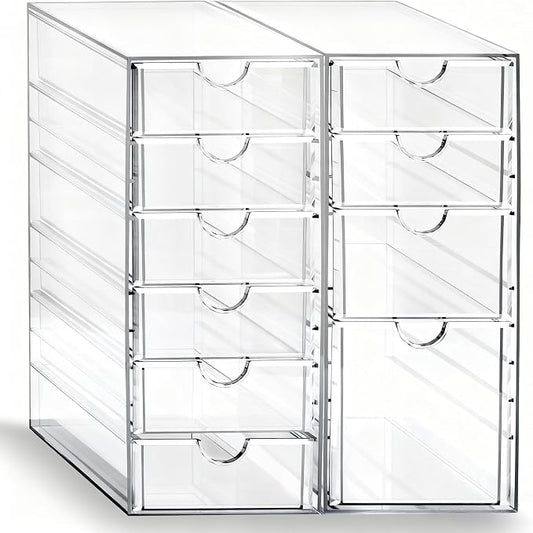 Prsildan Hair Accessories Organizer Acrylic Drawer with 10 Drawers | Clear, Craft Art Supply Storage, For Office Desk Bathroom Vanity Countertop, Set of 2 by Prsildan