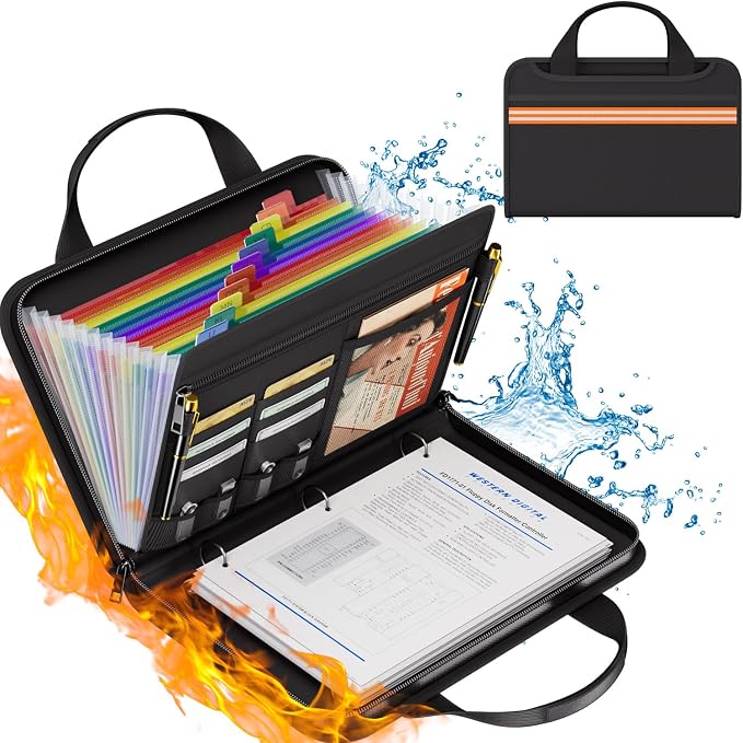 Fireproof Accordion File Binder Organizer,1" D Rings for 225 Sheets | 13-Pocket Colorful Expanding Folder with Zipper Labels,Portable Travel Safe Storage for Letter Size,14.5"×11.2"×2.7",Black by ZOOPIP