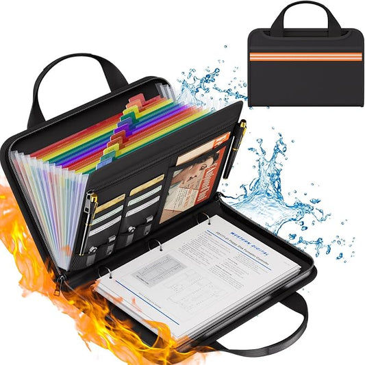 Fireproof Accordion File Binder Organizer,1" D Rings for 225 Sheets | 13-Pocket Colorful Expanding Folder with Zipper Labels,Portable Travel Safe Storage for Letter Size,14.5"×11.2"×2.7",Black by ZOOPIP