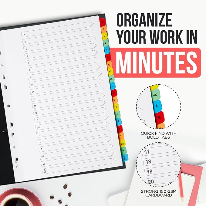 The Paper Shop A-Z Dividers for 3 Ring Binder - A4 (1 Pack) | Alphabet Binder Dividers with Tabs for Office School & Home | A-Z Alphabetical Index Tabs 150gsm | Colour-Coded Multipunched Set - Image 3