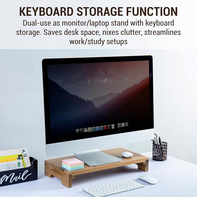 MyGift Premium Acacia Solid Wood Desk Monitor Stand, Laptop Riser & Keyboard Storage – Wooden Desktop Organizer for Screen Display and Workspace Organization - Image 3