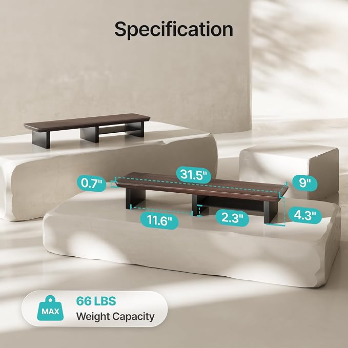 31.5" Dual Monitor Riser, Metal Shelf Wooden Desk Organizer | Walnut Wooden Desk Shelf for 2 Monitors/TV,Monitor Stand Riser for Desk, Wood Monitor Stand Organizer for Home Office - Image 9