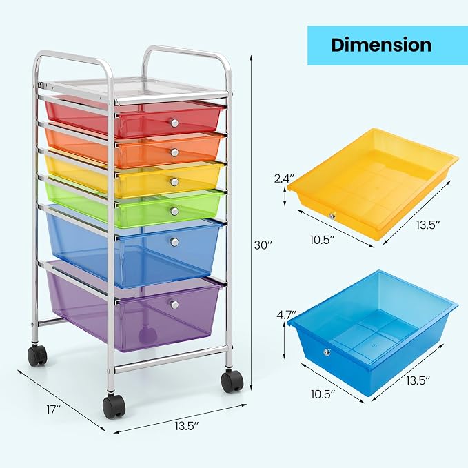 COSTWAY 6-Drawer Rolling Storage Cart, Art Craft Tools Organizer on Wheels | Multifunctional Heavy Duty Utility Mobile Storage Trolley w/ 2 Lockable Wheels for Home Office School (Rainbow) - Image 3