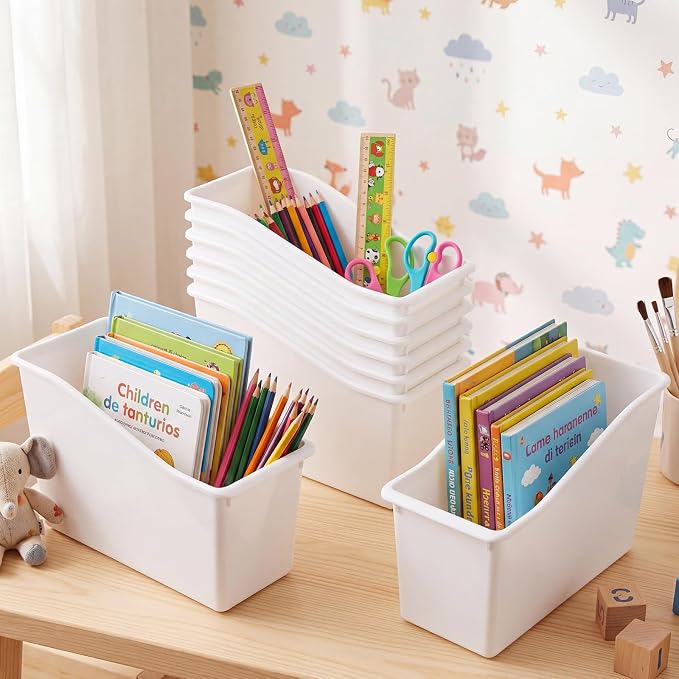 12 Pcs Book Bins for Classroom Plastic Binder Holder Magazine Stuff Folder File Organizer Box for Home Office School Supplies (White) - Image 4