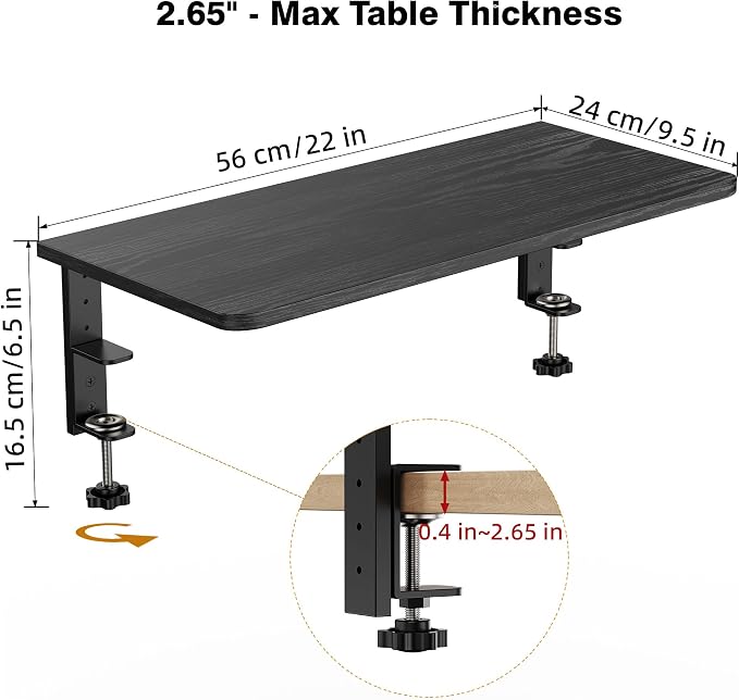 Desk Extender, 22-inch Clamp-On Desk Shelf, Height-Adjustable Desktop Shelf Organizer for Monitors Office and Gaming Accessories, Arm Support Table Extension, 44lbs Heavy Duty, Black - Image 2