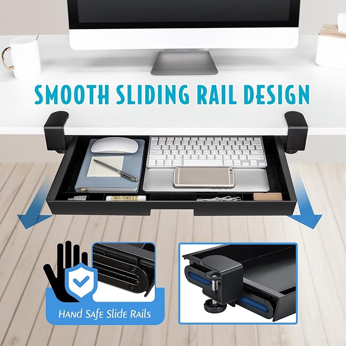 EHO Under Desk Slide-Out Storage Drawer, Large 20" x 11.8" Clamp-On Pull-Out Organizer with Adjustable Height, Space-Saving Tray for Office Supplies and Accessories, TAA-Compliant - Image 3